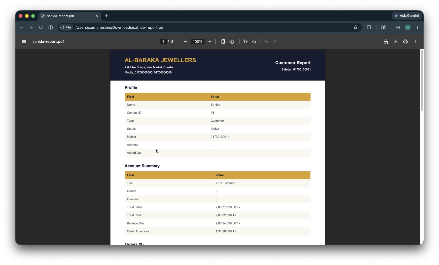 A customer statement PDF generated by Goldware with the shop header, account summary, and tables of orders, invoices and payments.