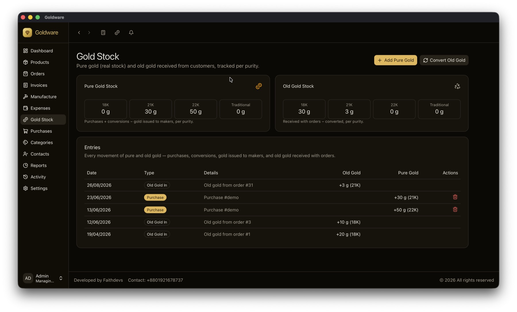 Goldware Gold Stock screen: pure gold 30 g of 21K and 50 g of 22K, old gold 30 g of 18K and 3 g of 21K, with a dated list of purchases and old gold received from orders.