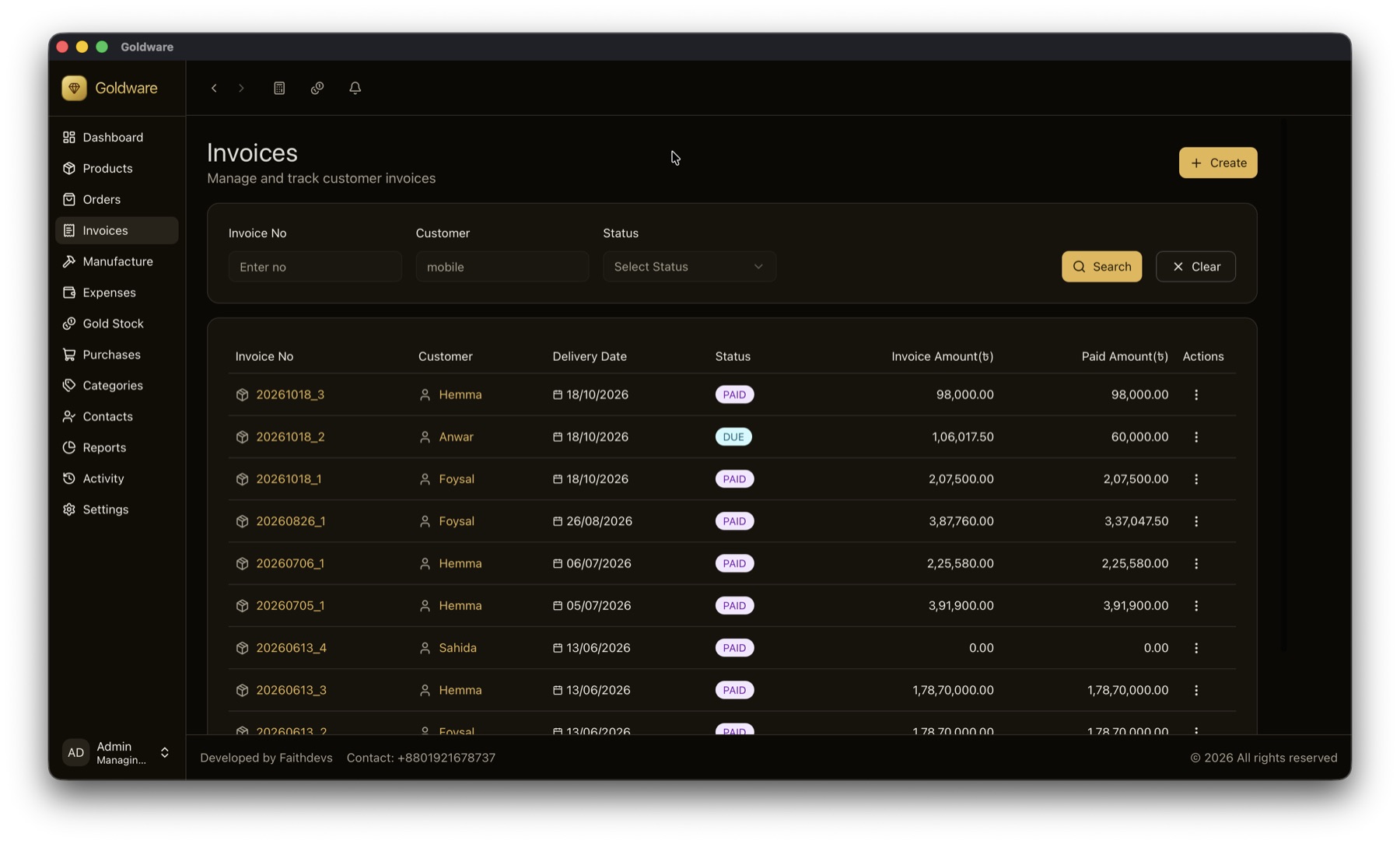 Goldware invoices list showing invoice numbers, customers, amounts and PAID or DUE status for each sale.